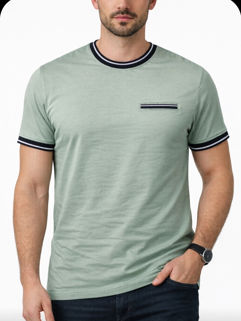 Ben Sherman NWT Sage Short-Sleeve Crewneck with Navy Contrast